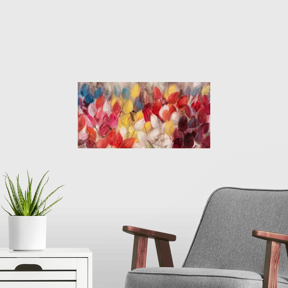 A modern room featuring Contemporary painting of a multitude of different colored tulips.