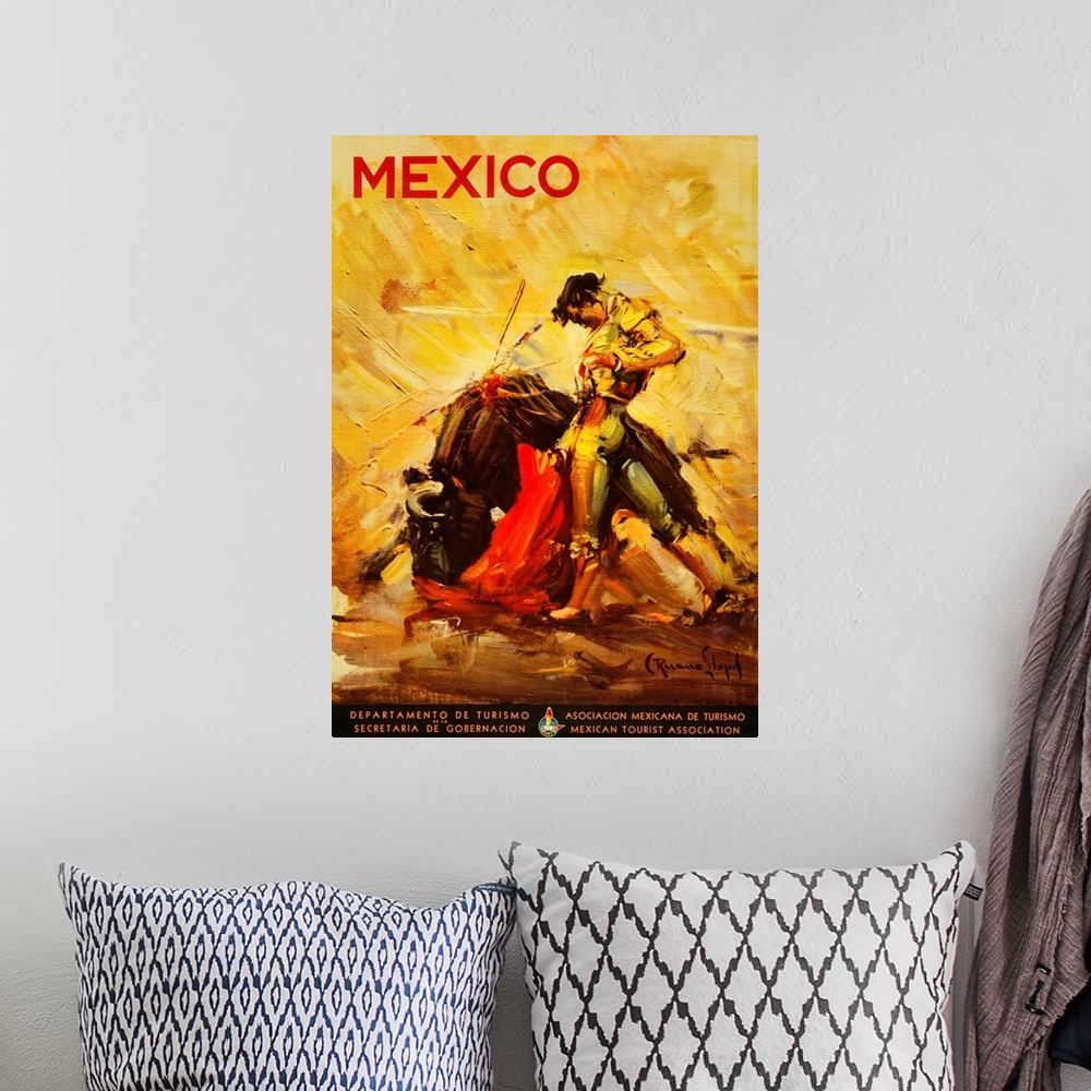 A bohemian room featuring Turismo Mexico II - Vintage Travel Advertisement