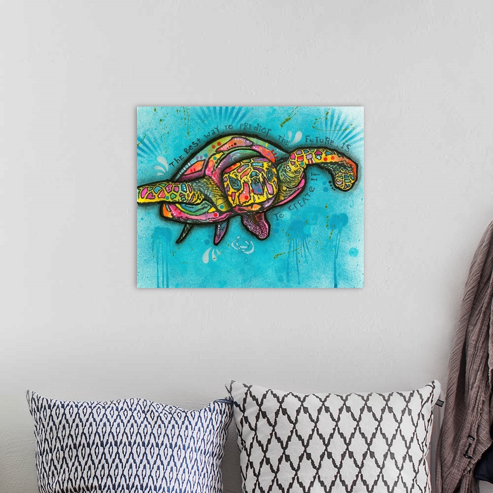 A bohemian room featuring "The Best Way to Predict the Future is to Create it" handwritten around a colorful turtle on a bl...