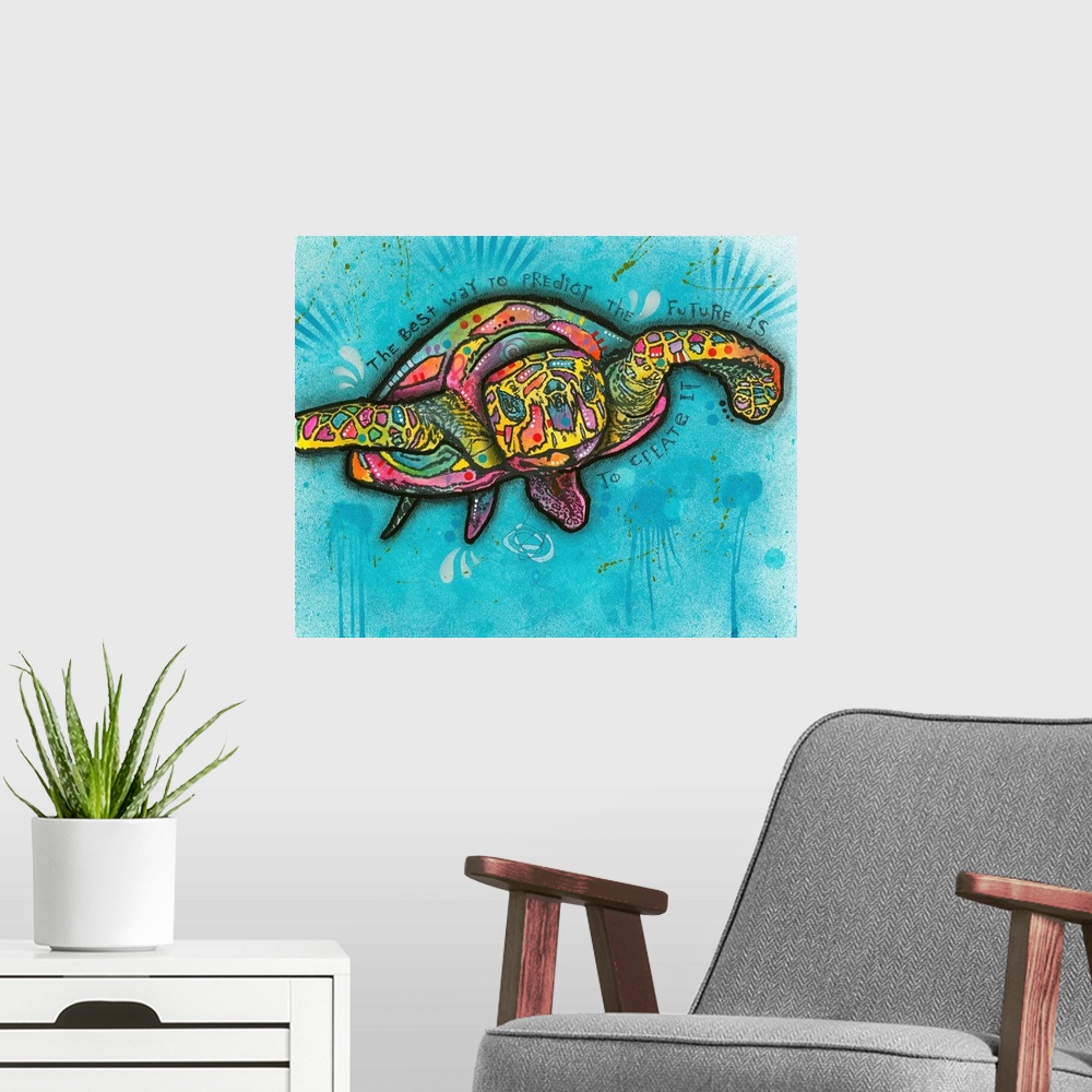 A modern room featuring "The Best Way to Predict the Future is to Create it" handwritten around a colorful turtle on a bl...