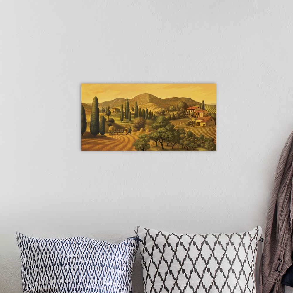 A bohemian room featuring Man with a horse and wagon in the center of a Tuscan hillside.
