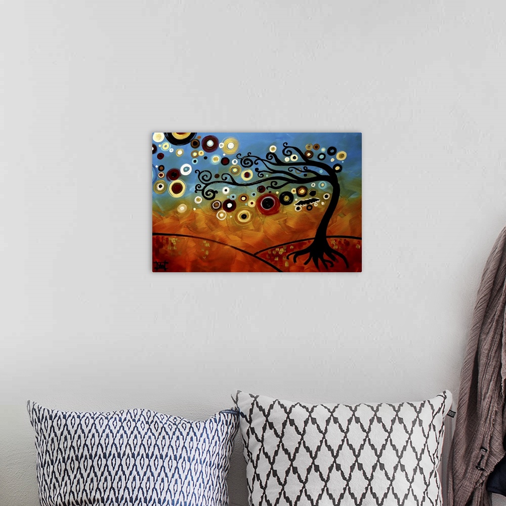 A bohemian room featuring Contemporary painting of a tree with colorful orbs flowing from its branches and a blue and orang...