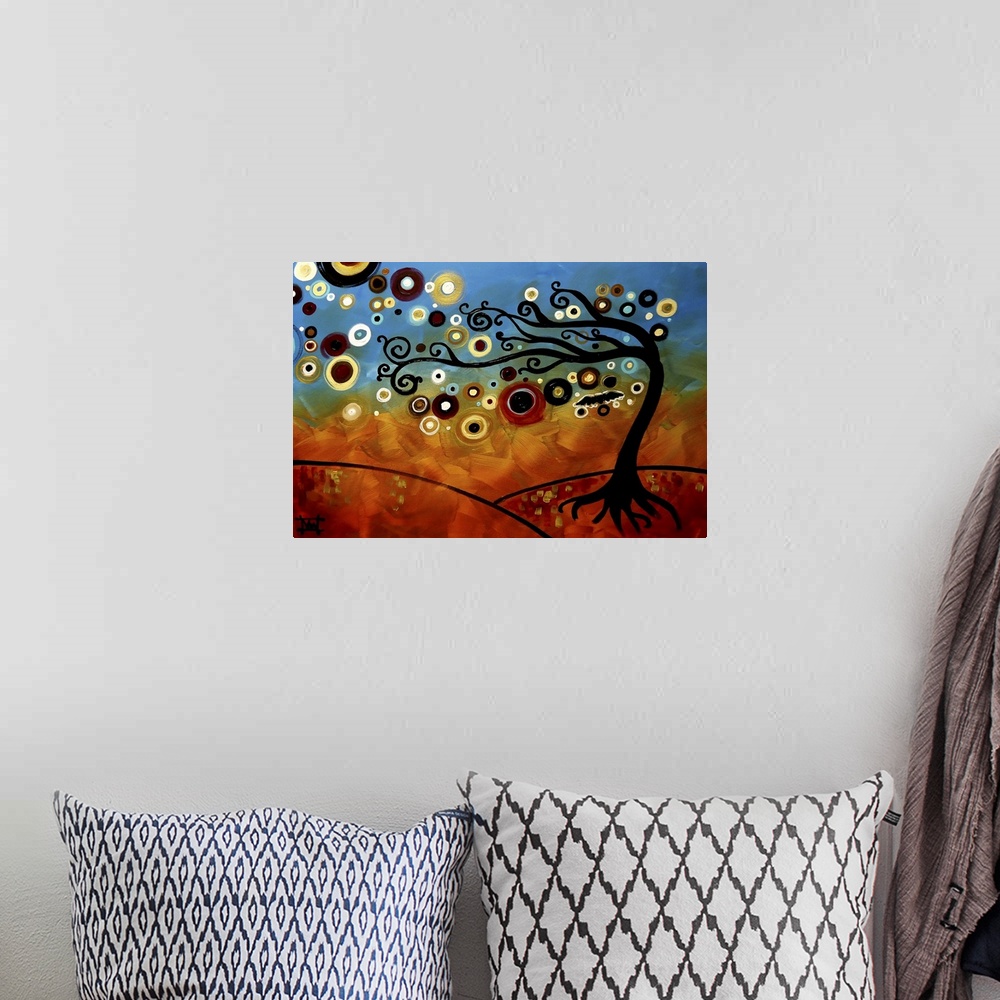 A bohemian room featuring Contemporary painting of a tree with colorful orbs flowing from its branches and a blue and orang...