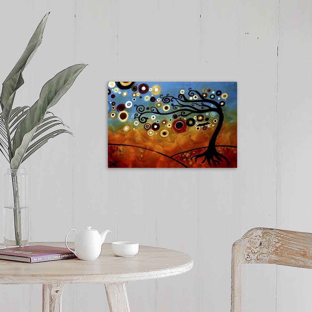 A farmhouse room featuring Contemporary painting of a tree with colorful orbs flowing from its branches and a blue and orang...