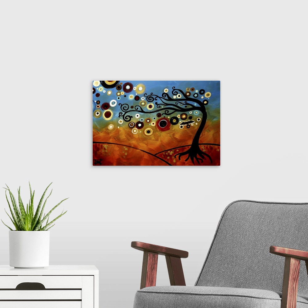 A modern room featuring Contemporary painting of a tree with colorful orbs flowing from its branches and a blue and orang...