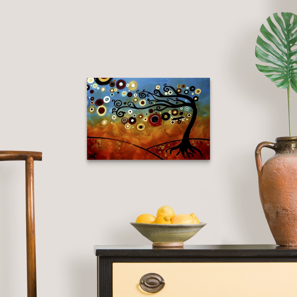 A traditional room featuring Contemporary painting of a tree with colorful orbs flowing from its branches and a blue and orang...
