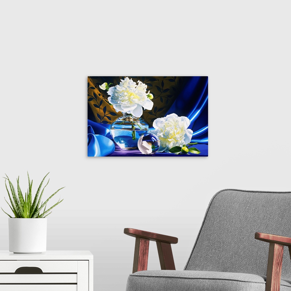 A modern room featuring Contemporary vivid realistic still-life painting of a large white flower in a clear glass vase fi...