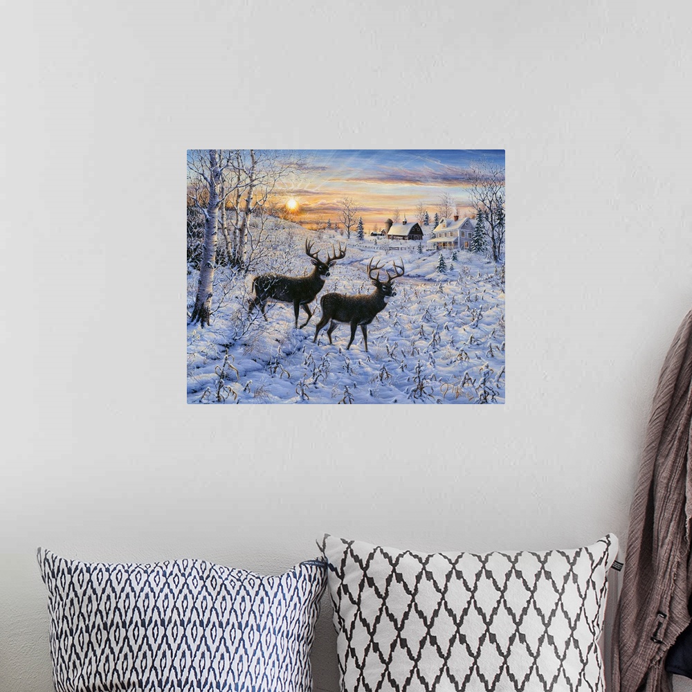 A bohemian room featuring two deer (buck) standing in a snow covered meadow with a house and barn in the background, a full...