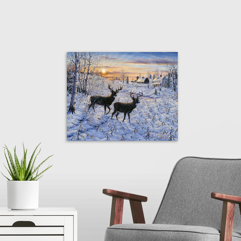 A modern room featuring two deer (buck) standing in a snow covered meadow with a house and barn in the background, a full...