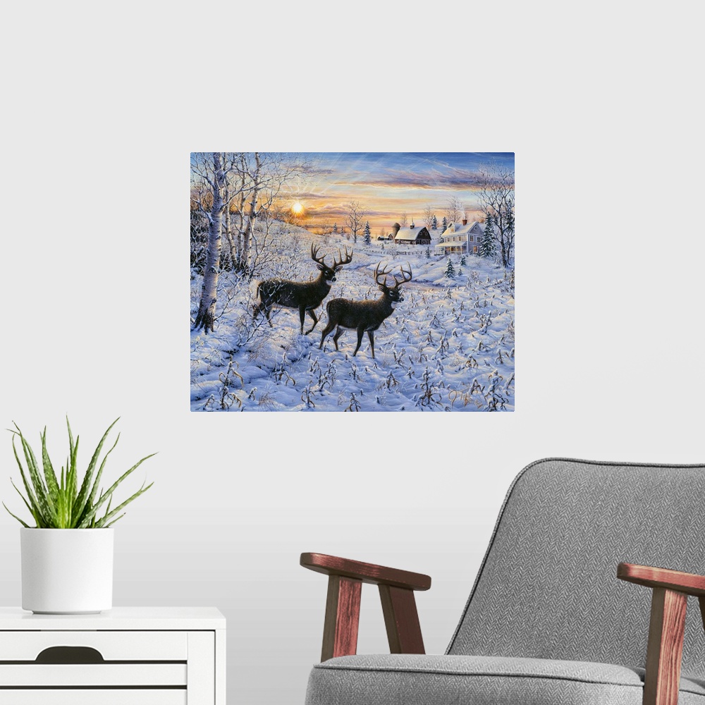 A modern room featuring two deer (buck) standing in a snow covered meadow with a house and barn in the background, a full...