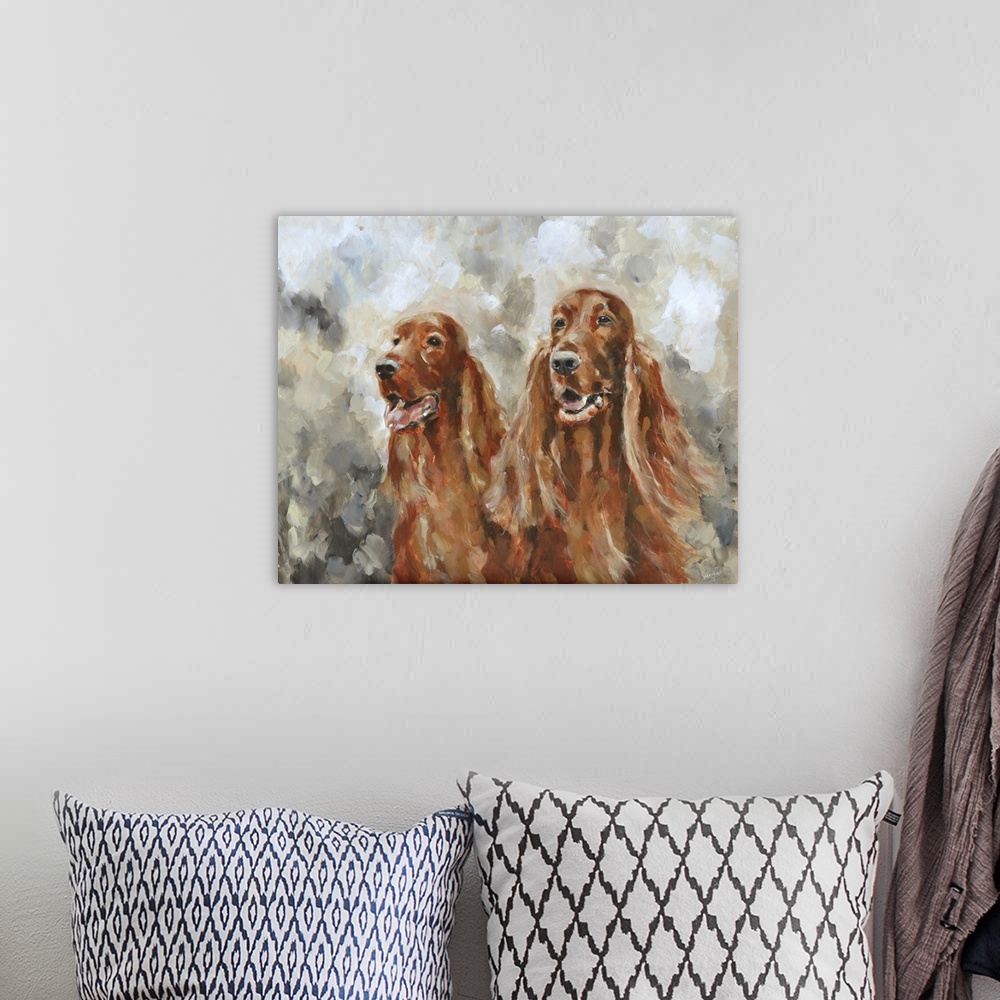 A bohemian room featuring Contemporary pet portrait of two Irish Setter dogs.