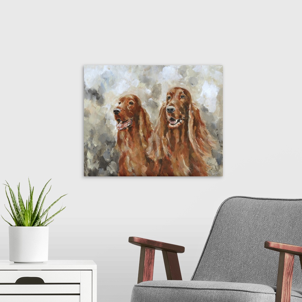 A modern room featuring Contemporary pet portrait of two Irish Setter dogs.