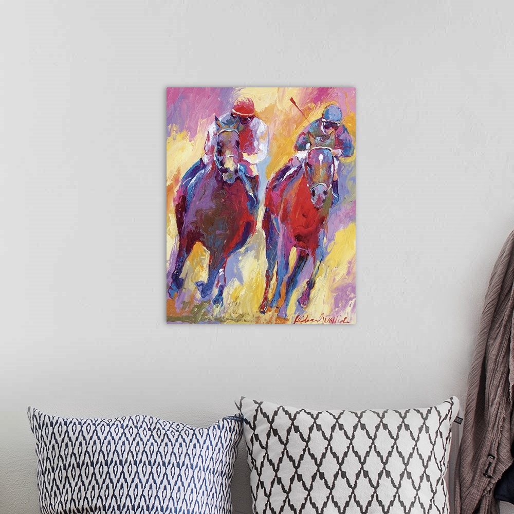 A bohemian room featuring Contemporary vibrant colorful painting of a jockey on horseback.