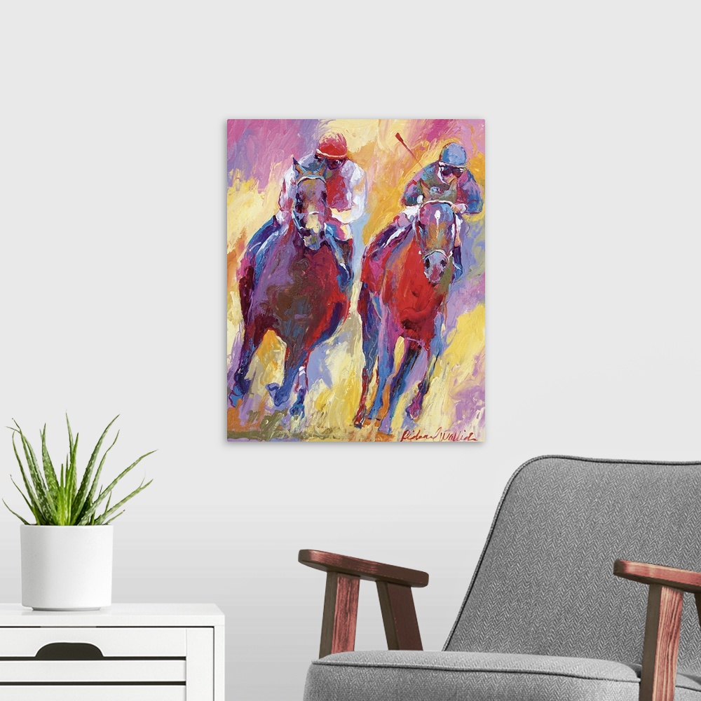 A modern room featuring Contemporary vibrant colorful painting of a jockey on horseback.