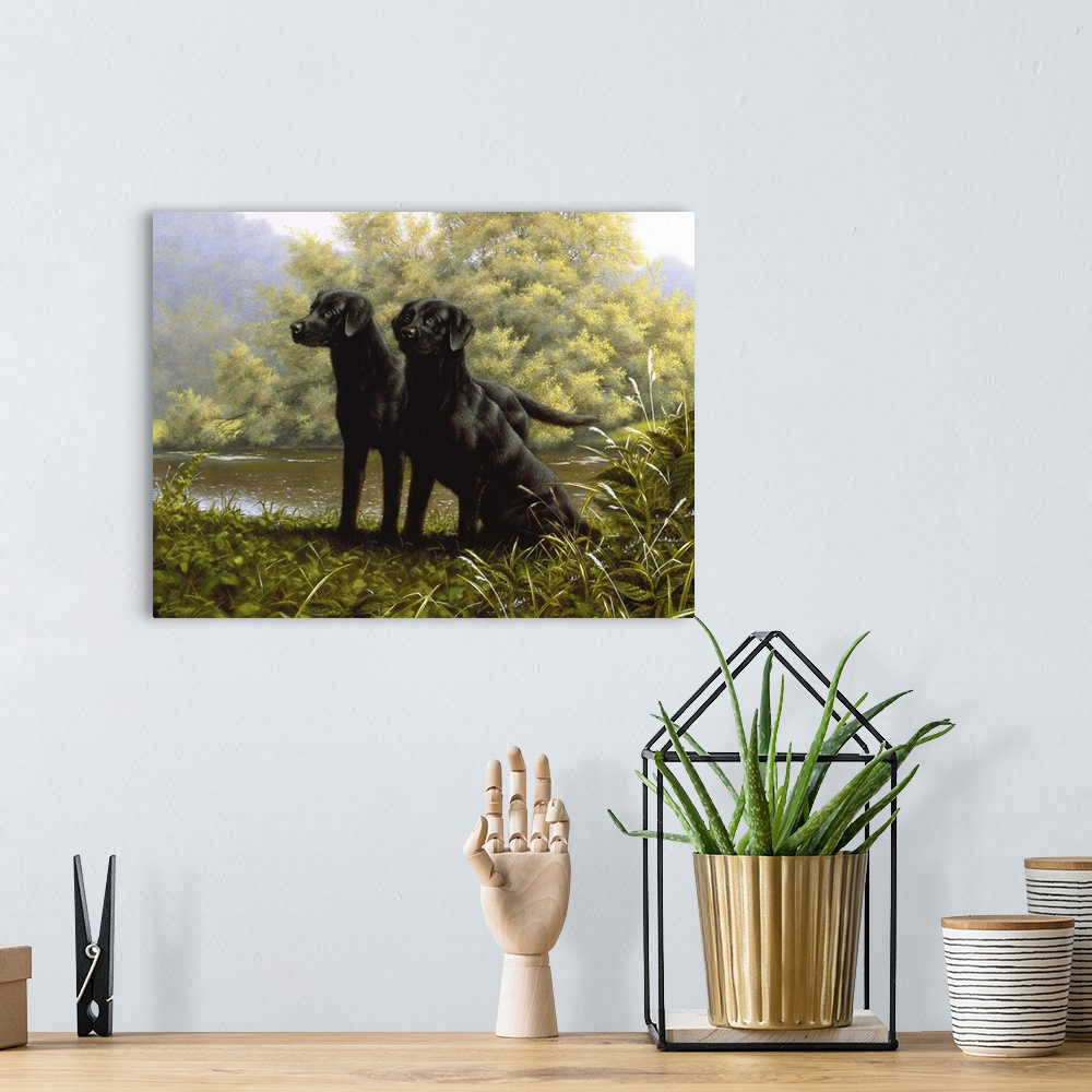 A bohemian room featuring Contemporary painting of two black labs beside a stream.