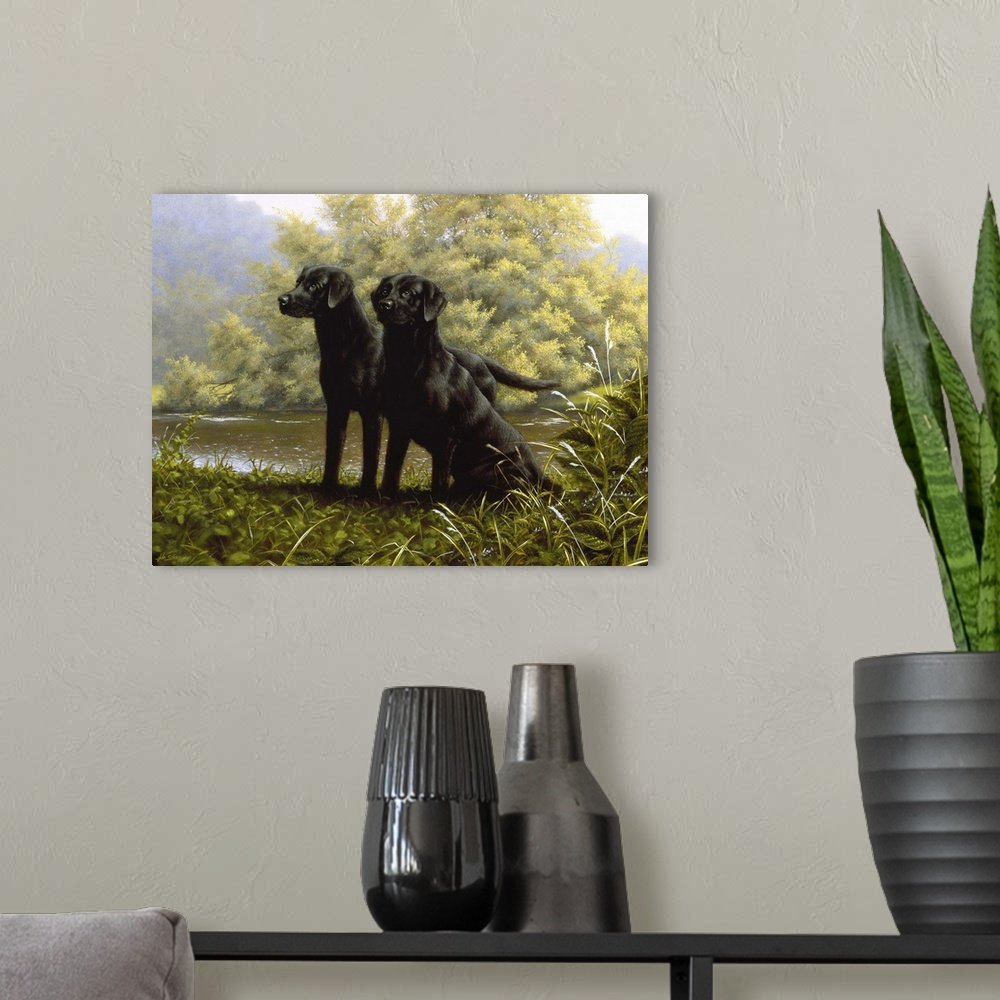A modern room featuring Contemporary painting of two black labs beside a stream.