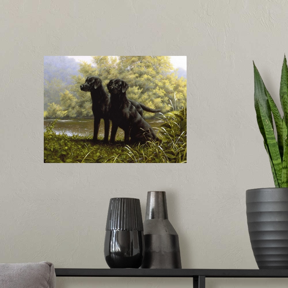 A modern room featuring Contemporary painting of two black labs beside a stream.