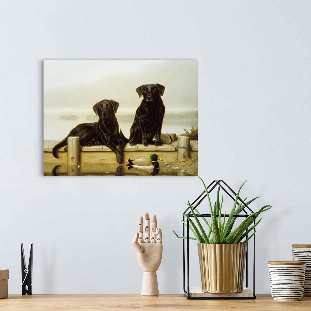A bohemian room featuring Contemporary painting of a pair of black Labrador retrievers sitting on a dock.