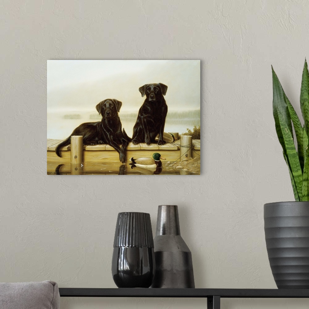 A modern room featuring Contemporary painting of a pair of black Labrador retrievers sitting on a dock.