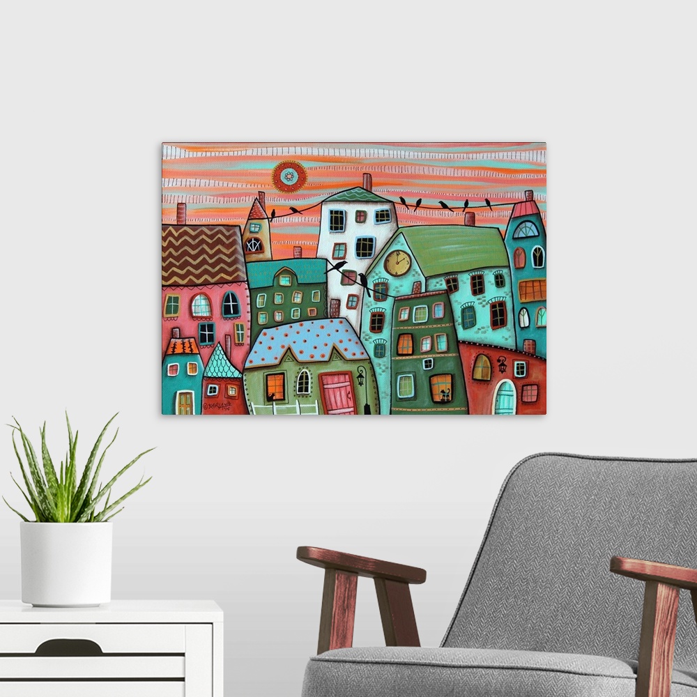 A modern room featuring Contemporary folk-art style painting of a rolling hill landscape with houses and patchwork fields.
