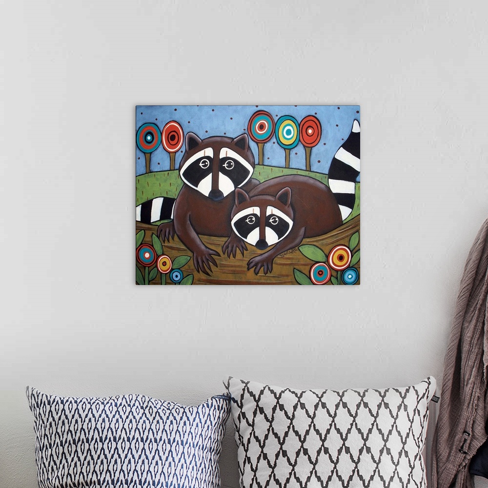 A bohemian room featuring Contemporary painting of two cute raccoons.