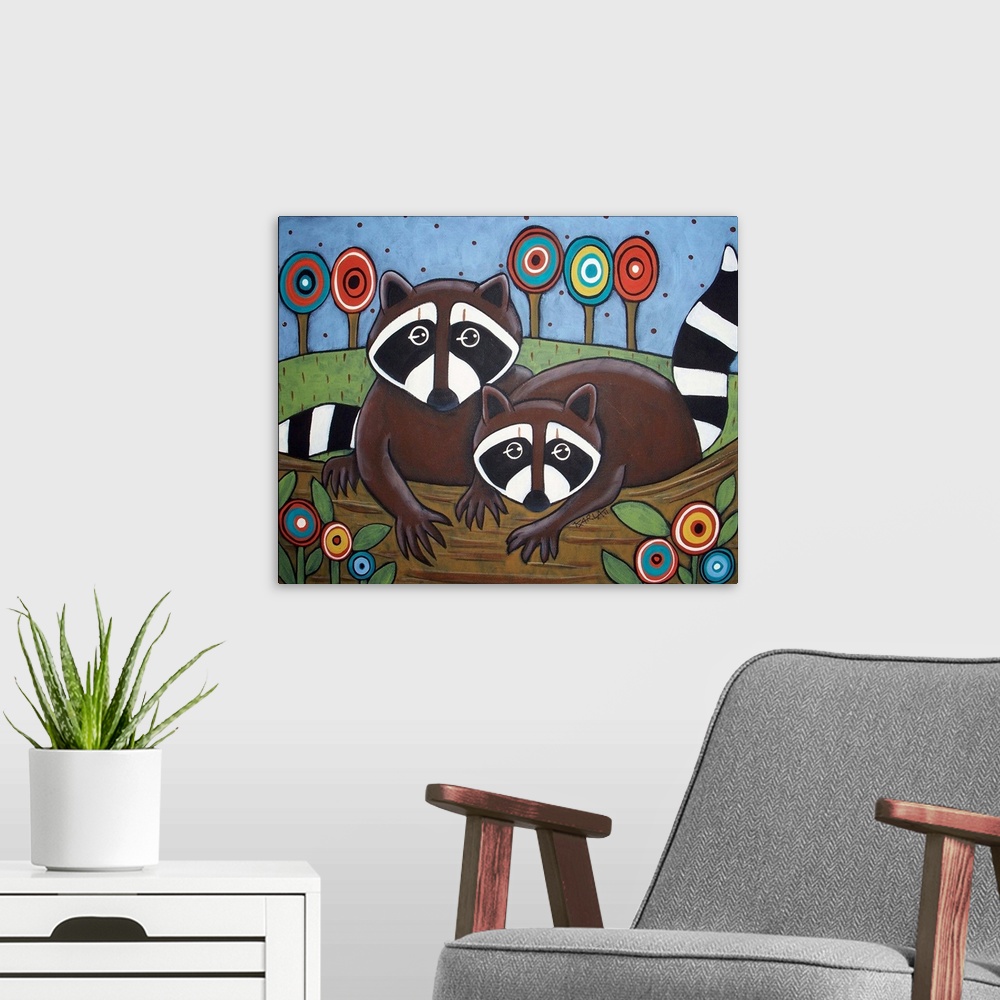 A modern room featuring Contemporary painting of two cute raccoons.