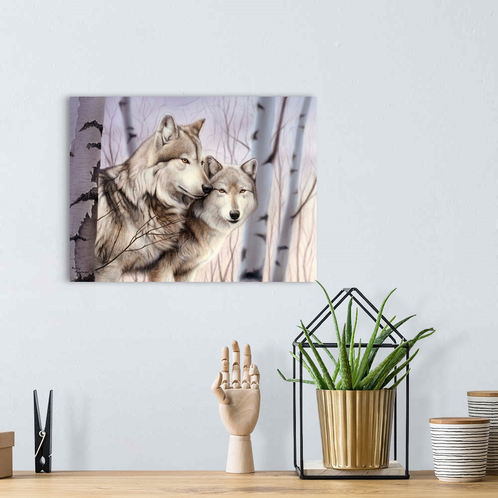 A bohemian room featuring Two white wolves standing in birches.