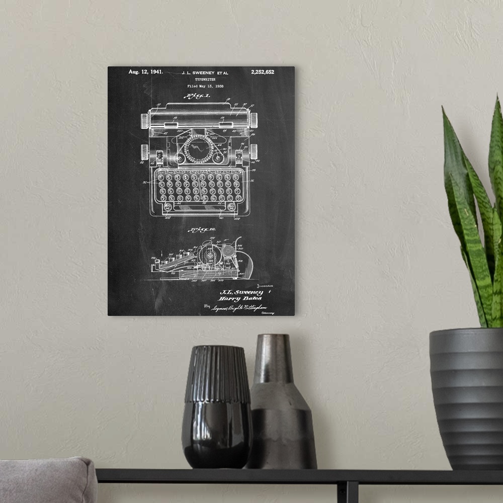 A modern room featuring Black and white diagram showing the parts of a typewriter.
