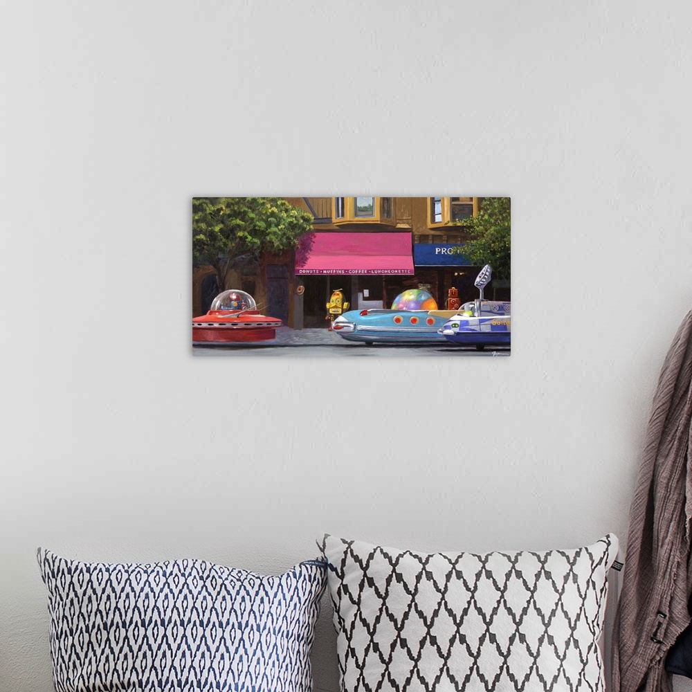 A bohemian room featuring A contemporary painting of a city street scene with retro toy robots driving rocket ship cars.