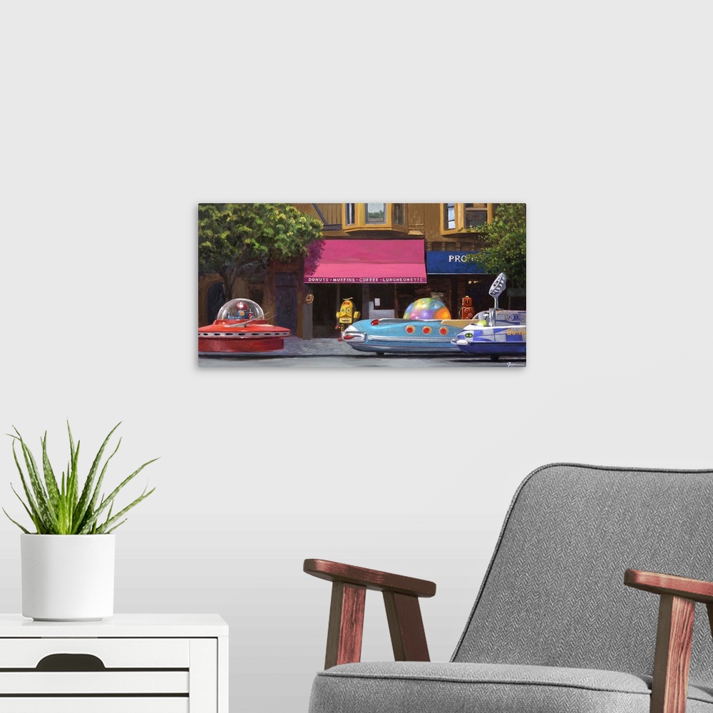 A modern room featuring A contemporary painting of a city street scene with retro toy robots driving rocket ship cars.