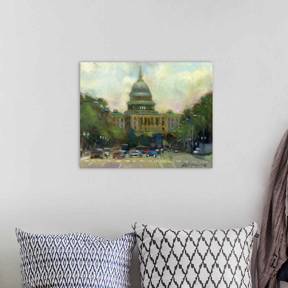 A bohemian room featuring Contemporary painting of a view of the U.S. Capitol building in Washington DC.