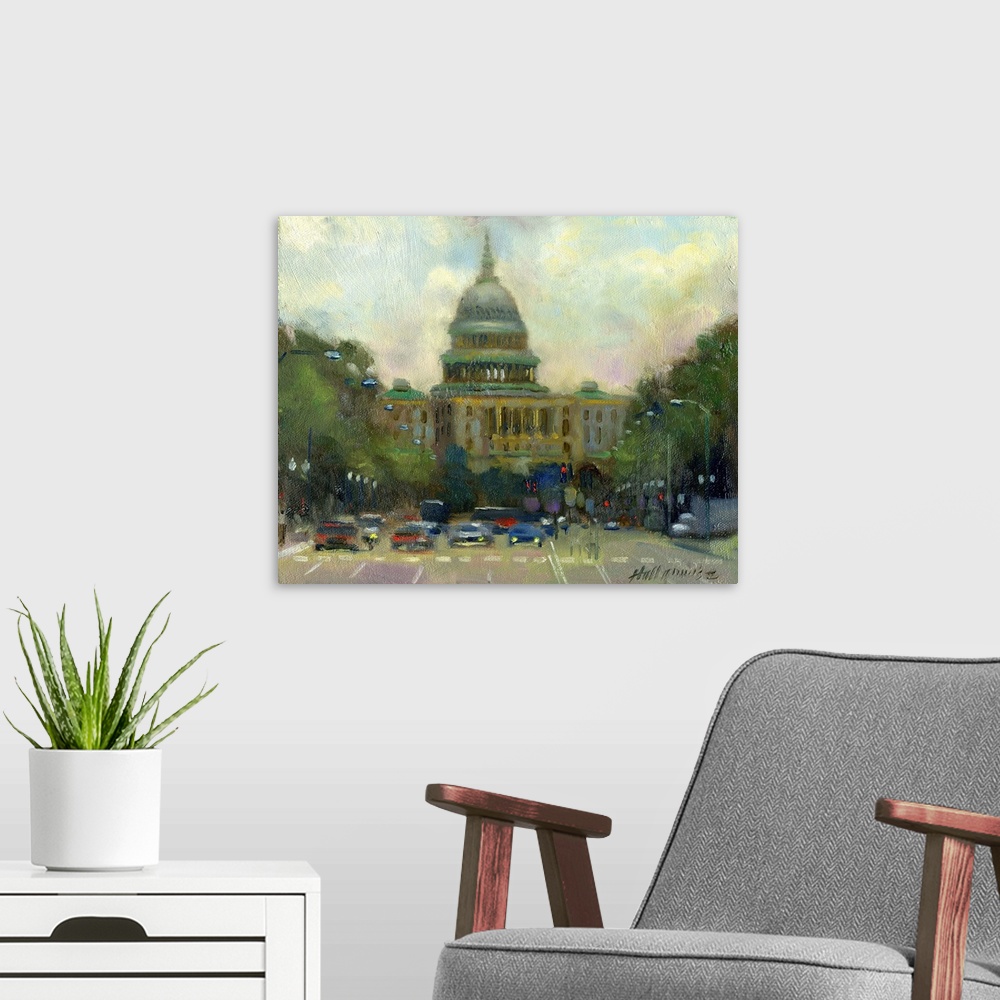 A modern room featuring Contemporary painting of a view of the U.S. Capitol building in Washington DC.