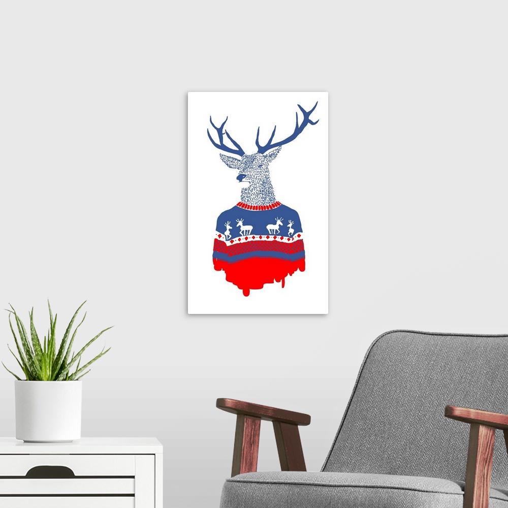 A modern room featuring Humorous illustration of a deer wearing a tacky red and blue sweater.