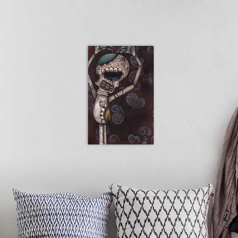 A bohemian room featuring Contemporary surreal painting of a skeleton decorated for dia de los muertos.