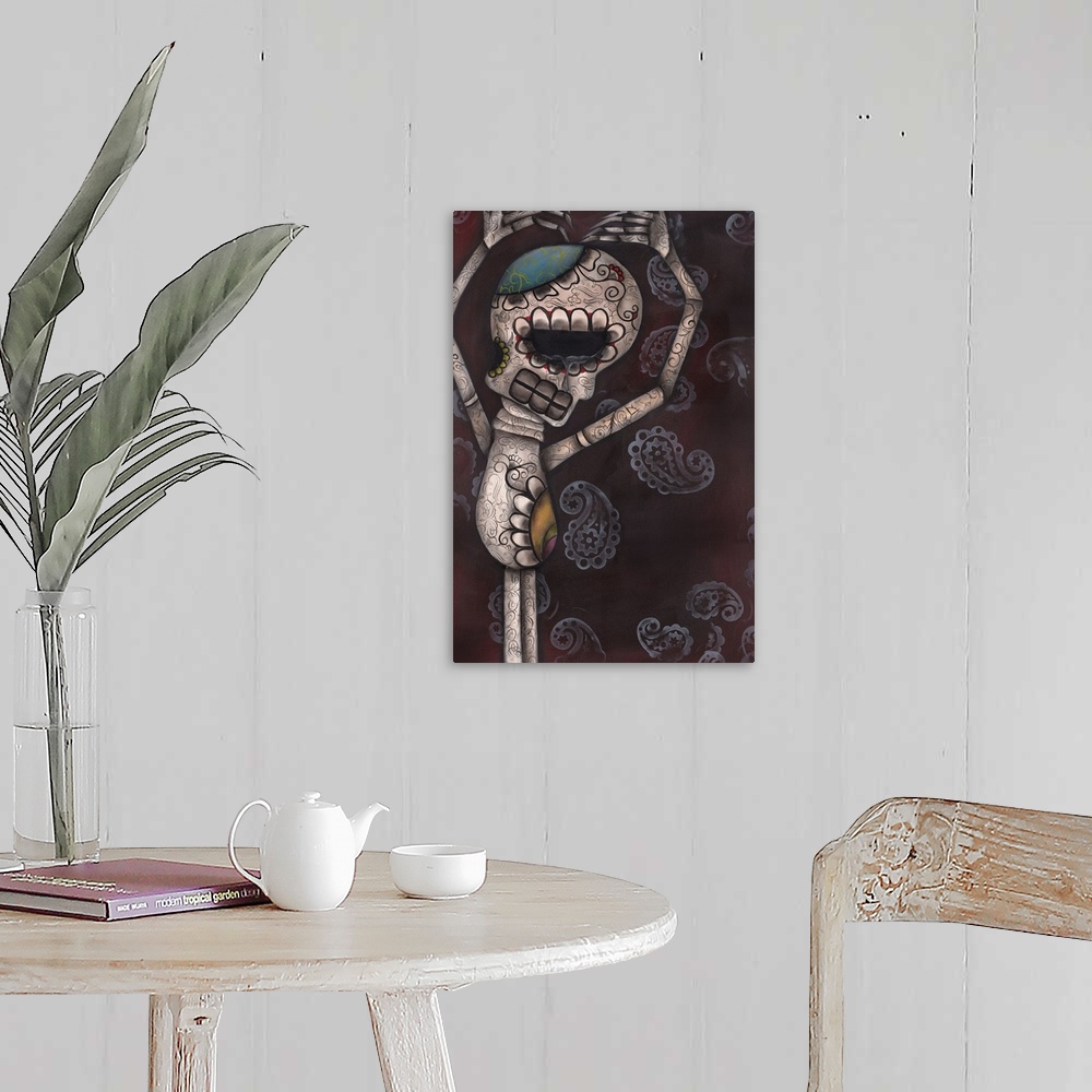 A farmhouse room featuring Contemporary surreal painting of a skeleton decorated for dia de los muertos.