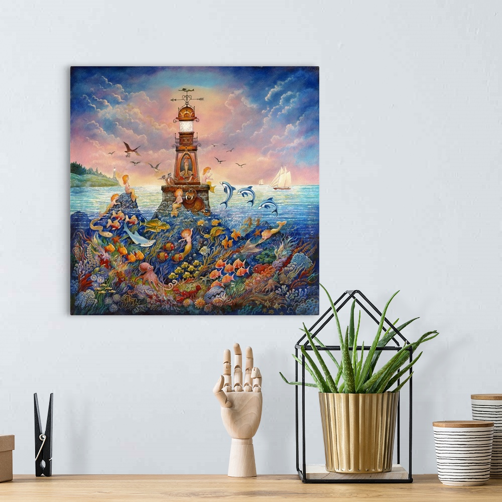 A bohemian room featuring An underwater scene of fish, mermaids, and other sea creatures. a sailboat in the background.
