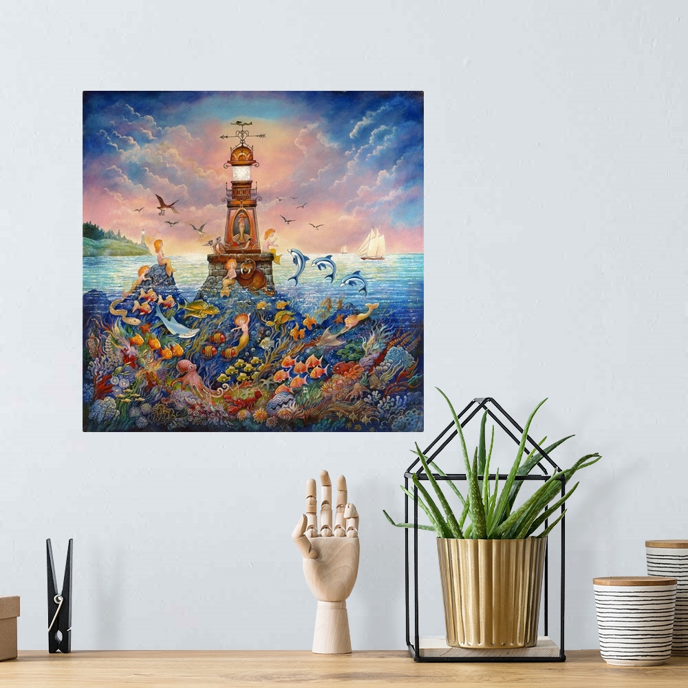 A bohemian room featuring An underwater scene of fish, mermaids, and other sea creatures. a sailboat in the background.