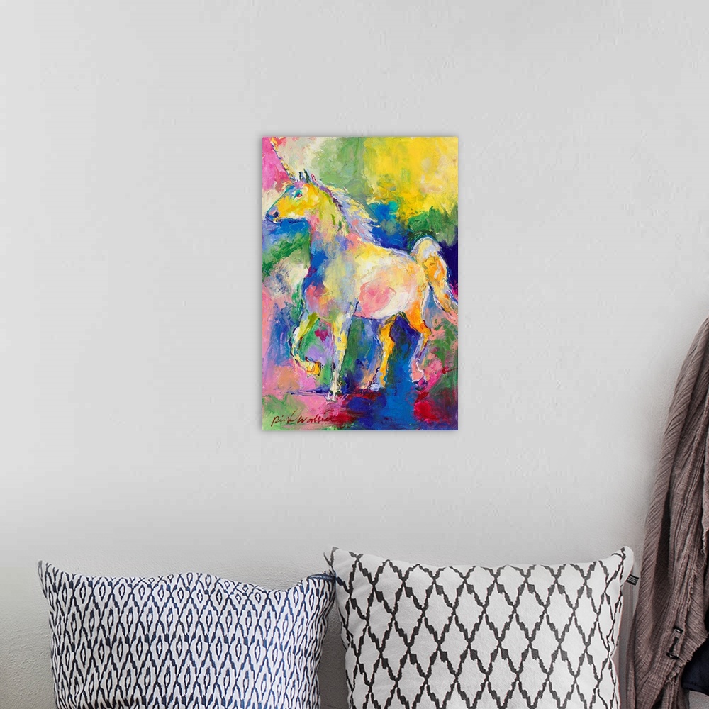 A bohemian room featuring Abstract painting of a colorful unicorn using all of the colors of the rainbow.