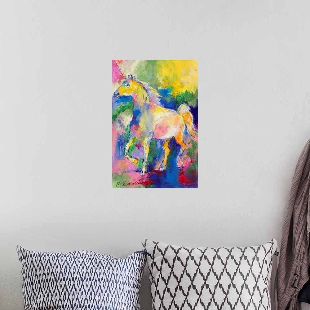 A bohemian room featuring Abstract painting of a colorful unicorn using all of the colors of the rainbow.