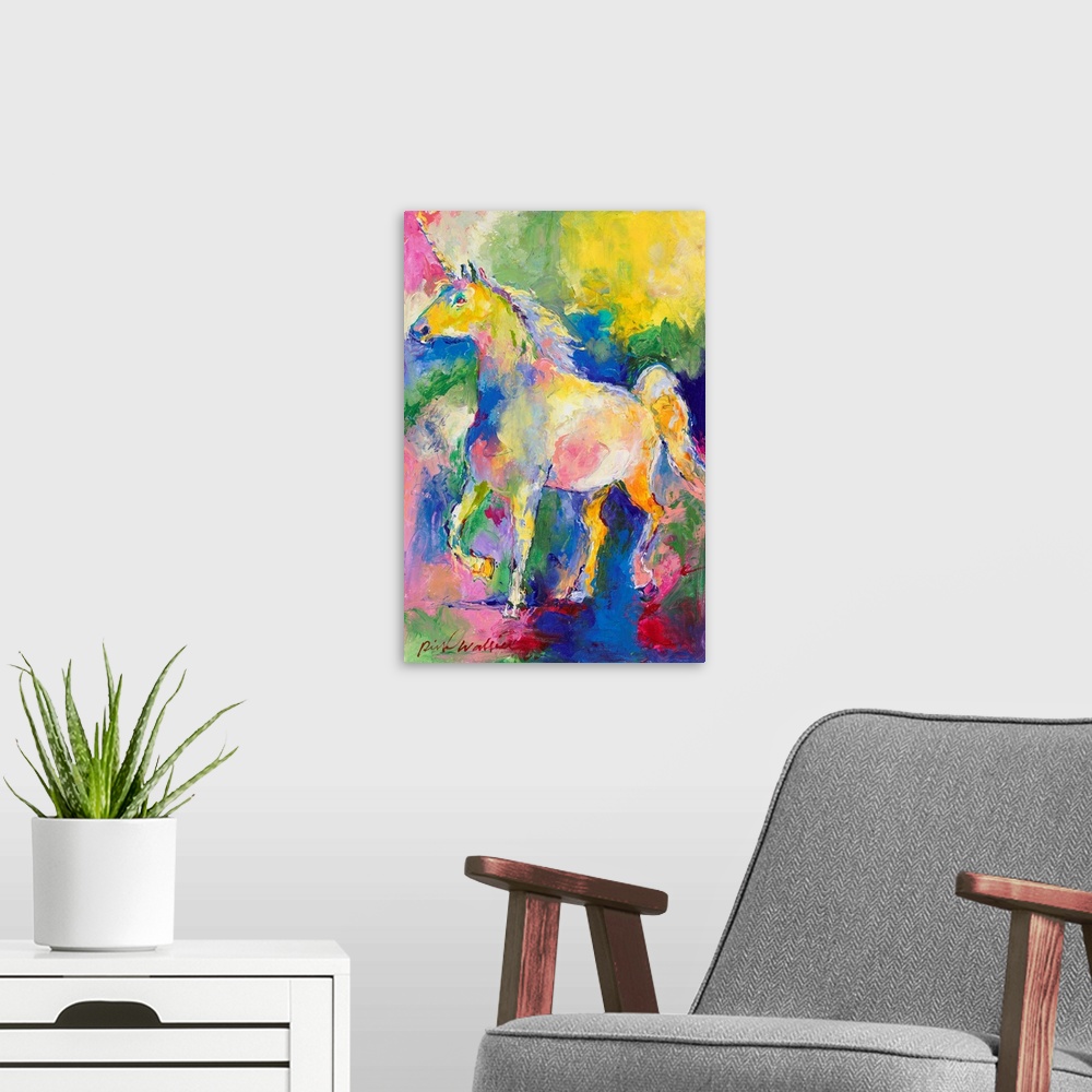 A modern room featuring Abstract painting of a colorful unicorn using all of the colors of the rainbow.