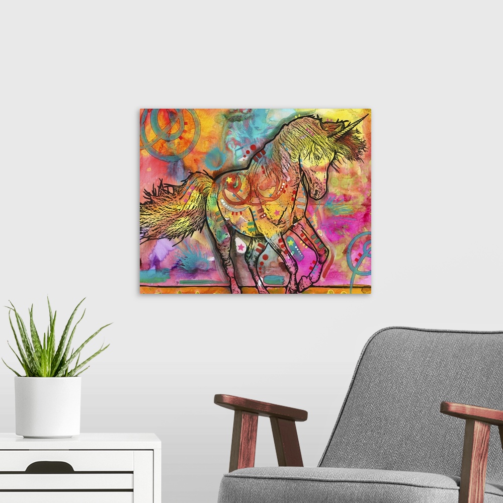 A modern room featuring Colorful painting of a unicorn covered in abstract designs.