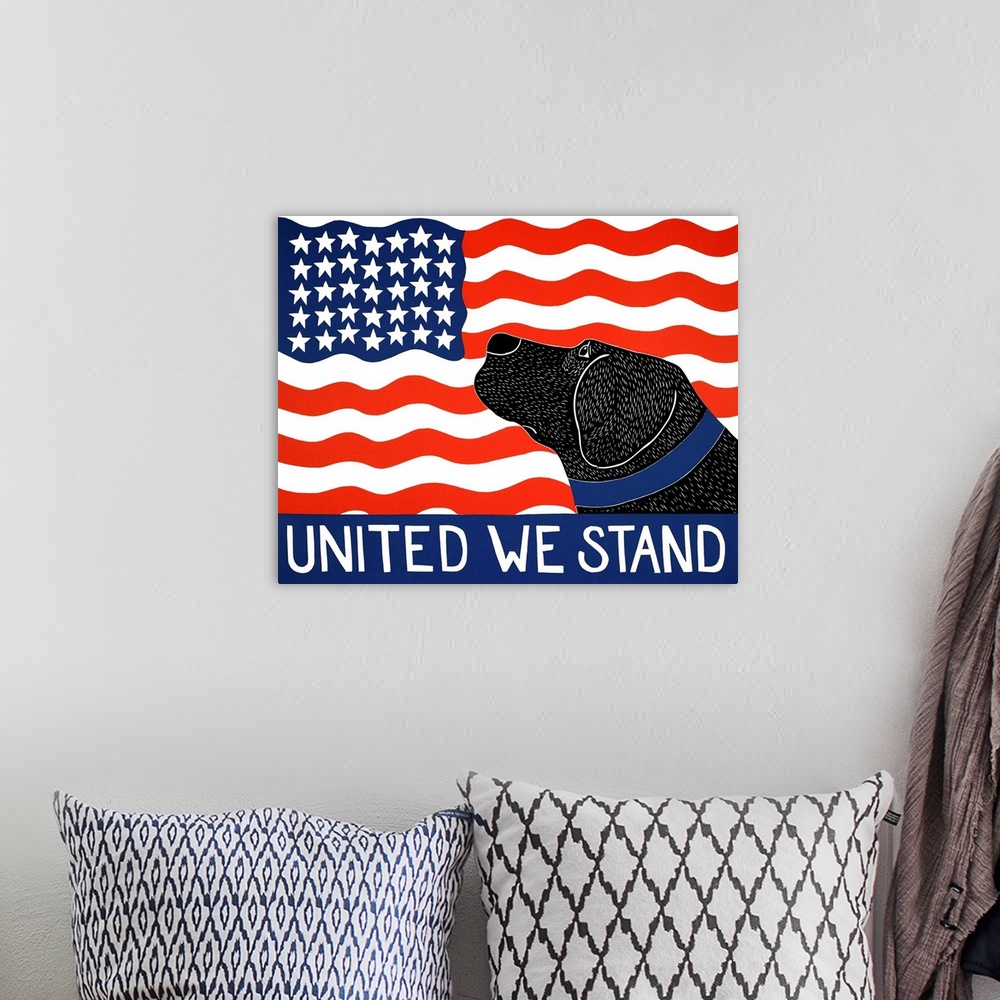 A bohemian room featuring Illustration of a black lab looking up at the American flag with the phrase "United We Stand" wri...