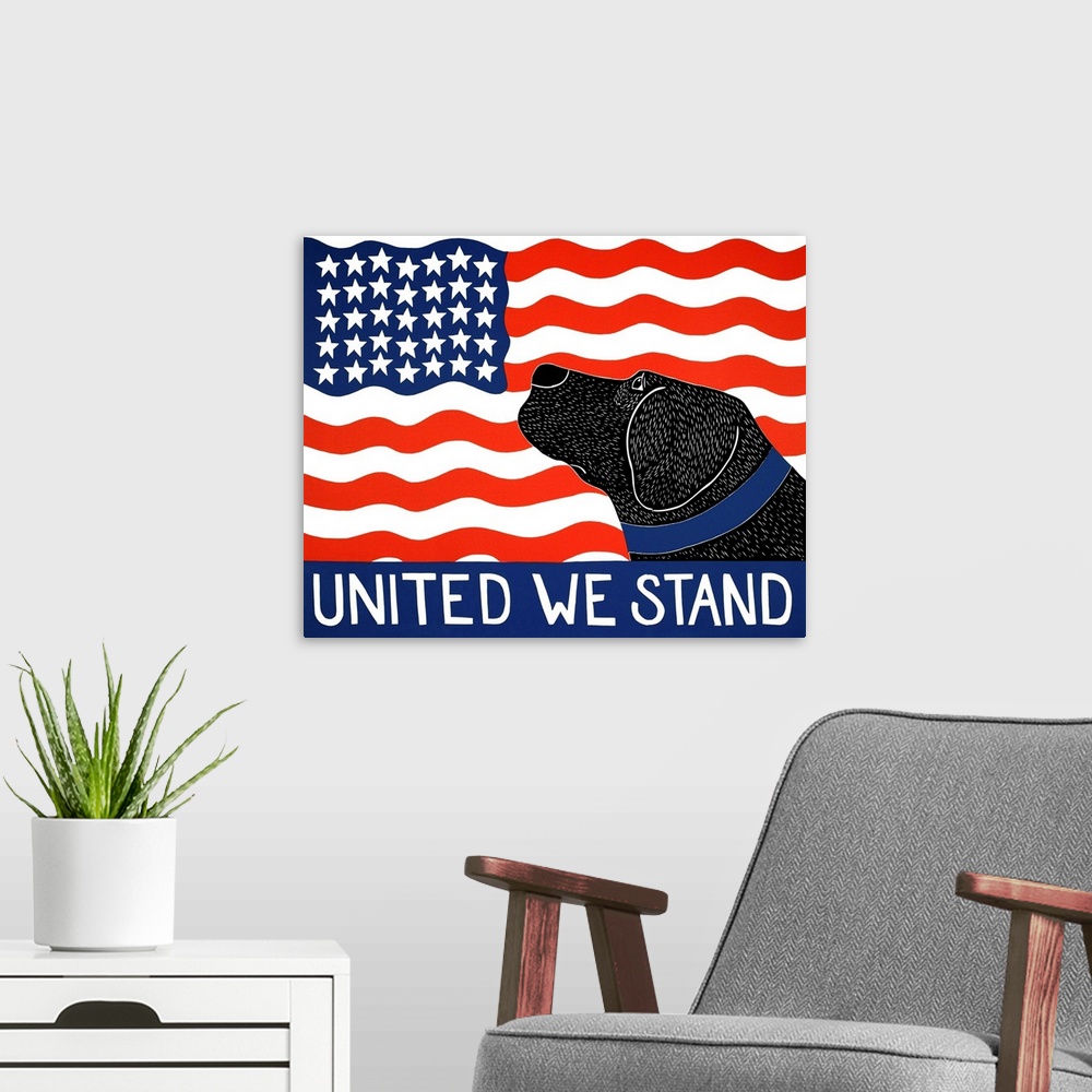 A modern room featuring Illustration of a black lab looking up at the American flag with the phrase "United We Stand" wri...