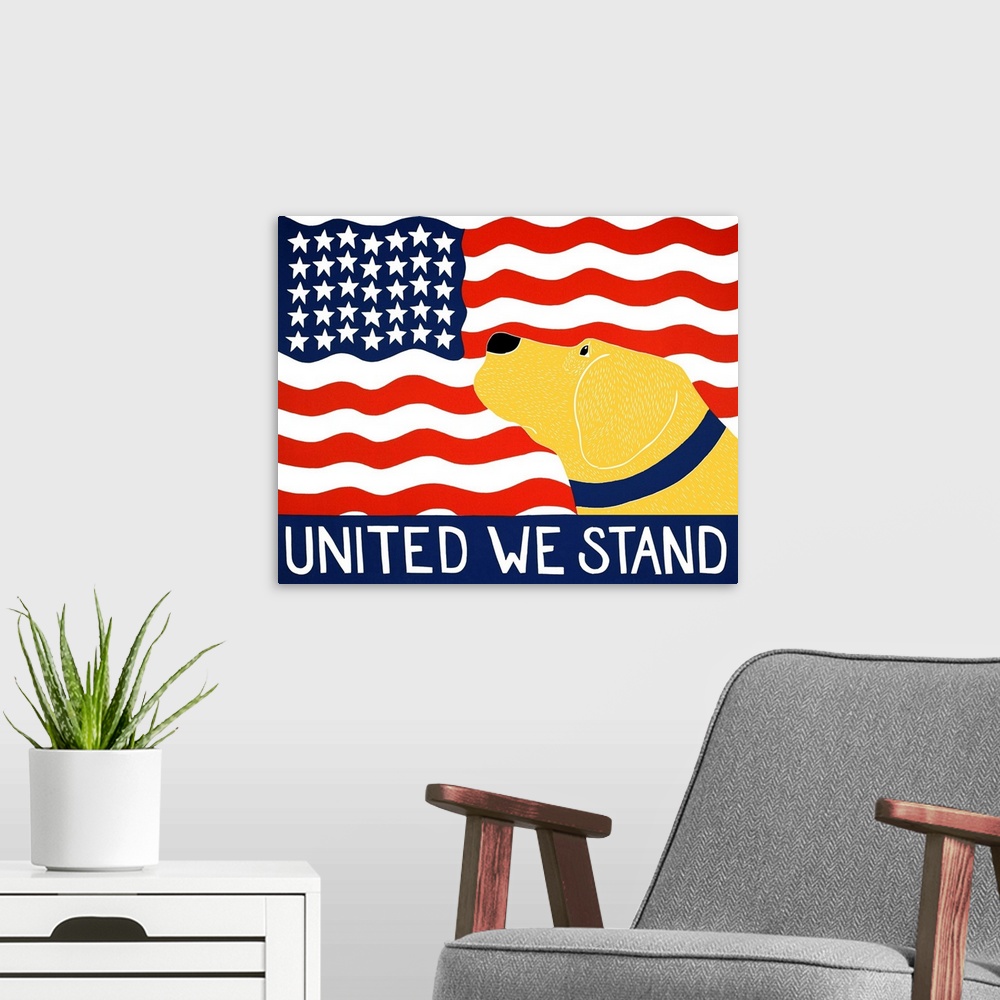A modern room featuring Illustration of a yellow lab looking up at the American flag with the phrase "United We Stand" wr...