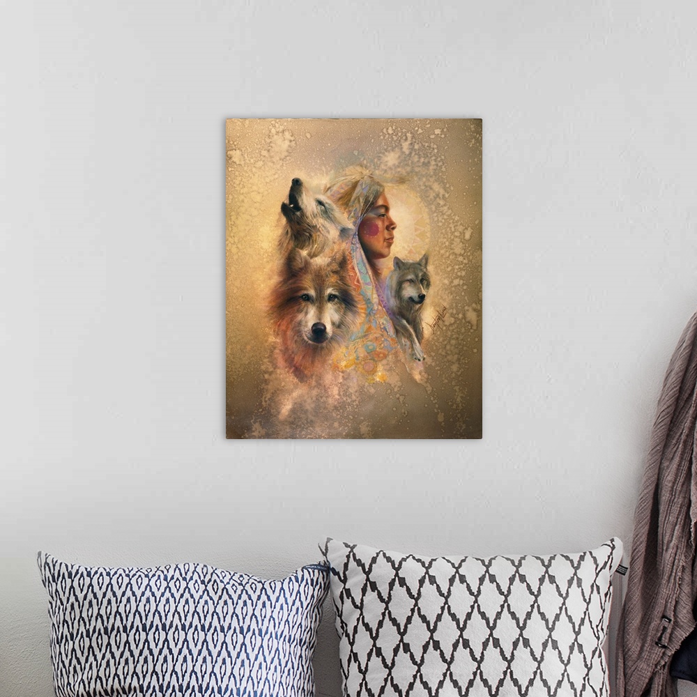 A bohemian room featuring A contemporary painting of a montage of a female profile and wolf portraits.