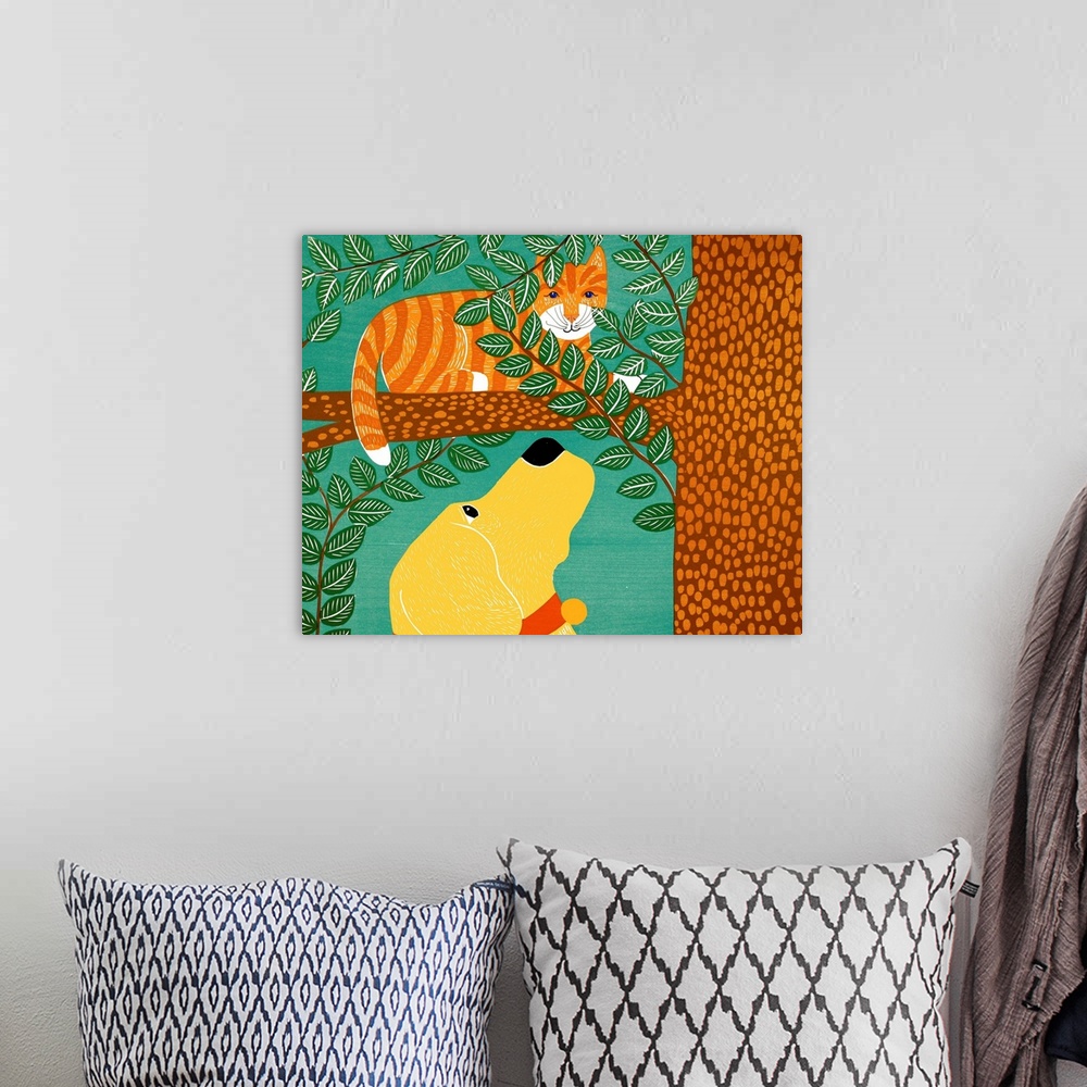 A bohemian room featuring Illustration of a yellow lab looking up at an orange striped cat sitting on a tree branch.
