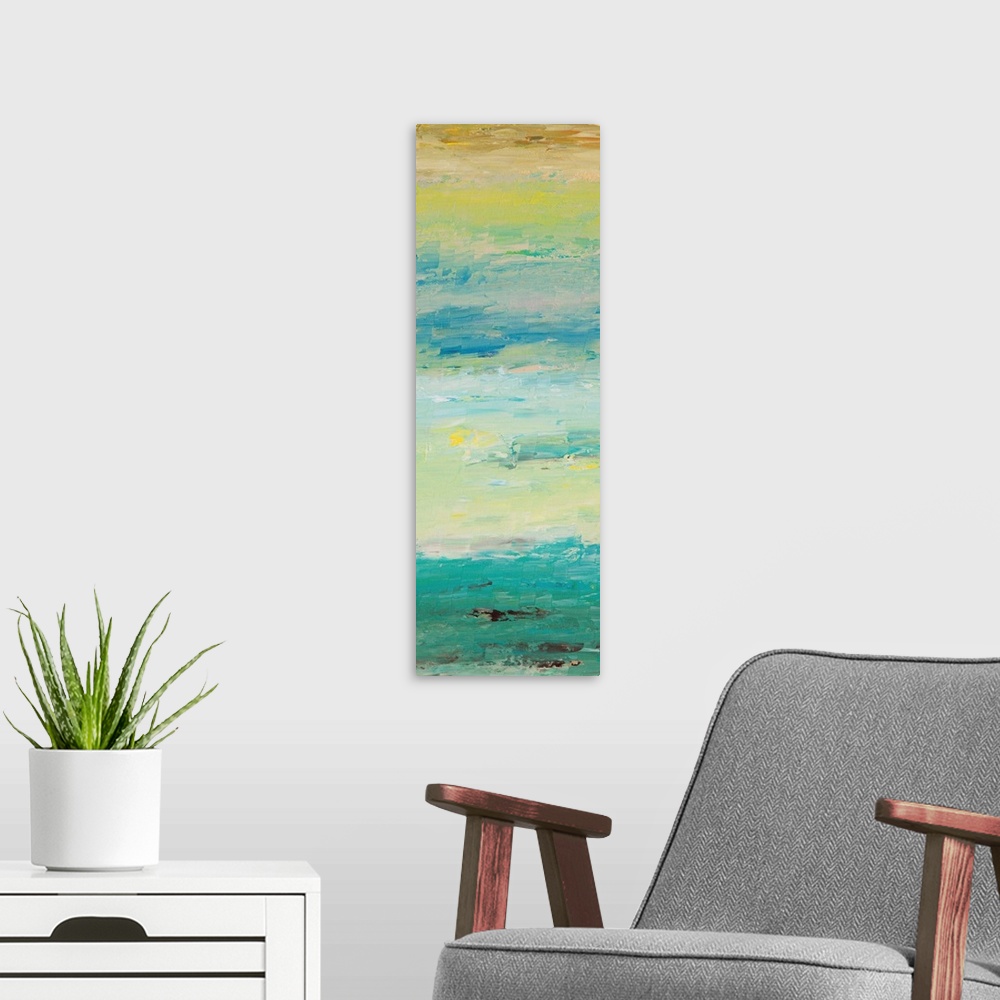 A modern room featuring Vertical abstract painting reminiscent of the sky in the morning.