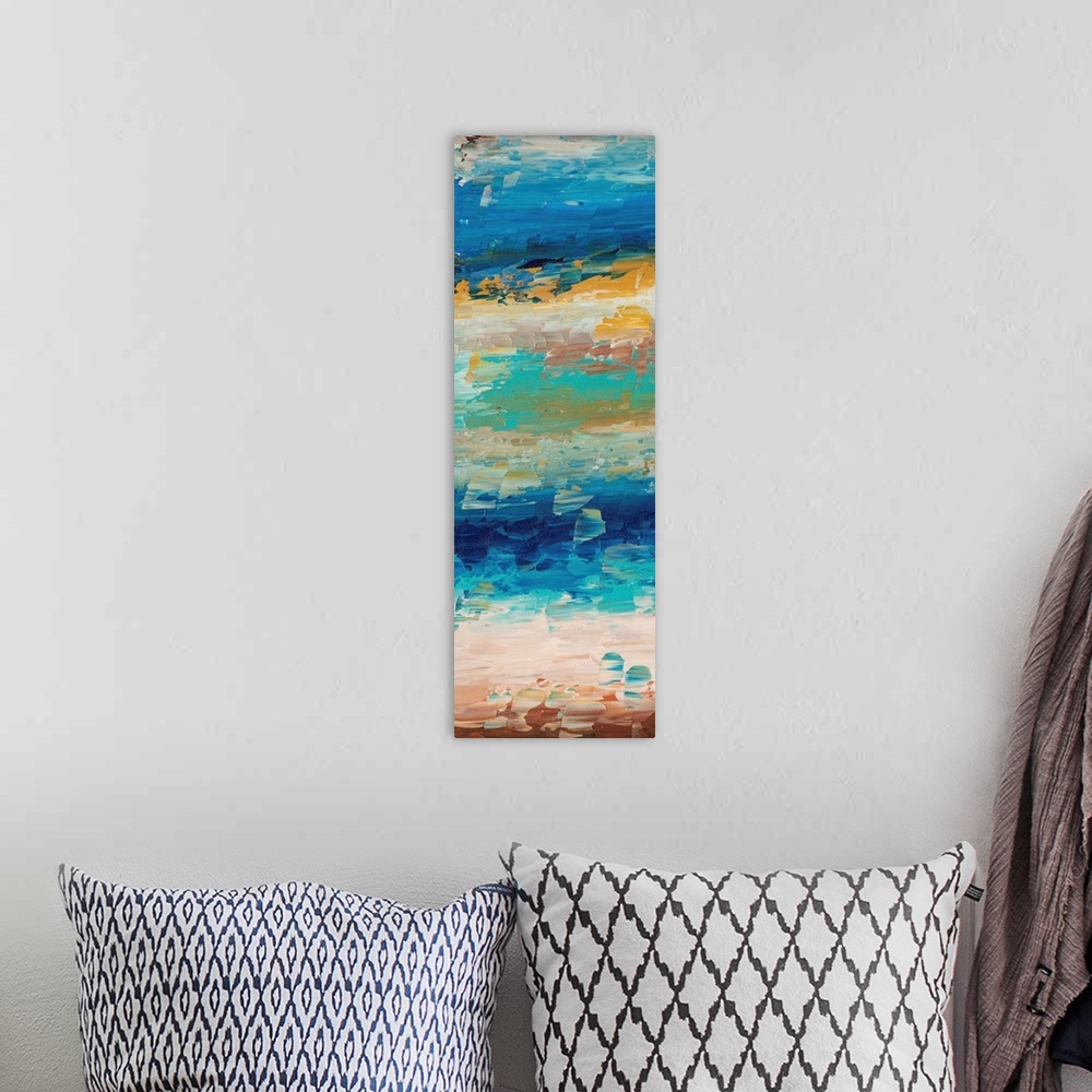 A bohemian room featuring Vertical abstract painting reminiscent of the sky in the morning.