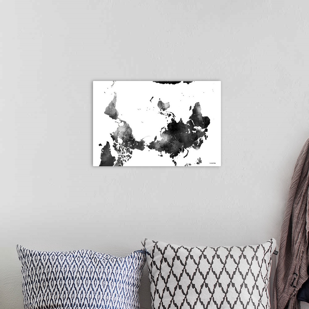 A bohemian room featuring Contemporary black and white watercolor world map.