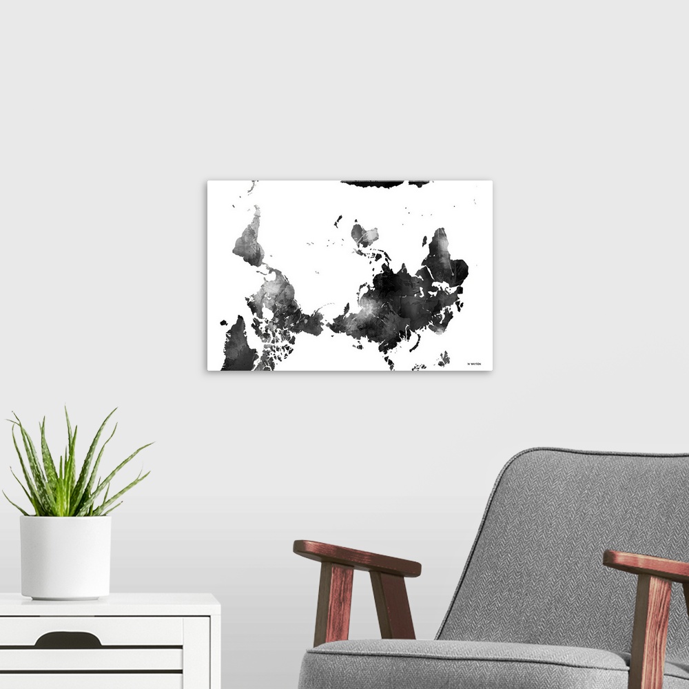 A modern room featuring Contemporary black and white watercolor world map.